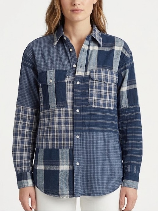 Ralph Lauren Tops - Lauren Ralph Lauren Indigo Patchwork Plaid Linen-Blend Button Down Shirt Small